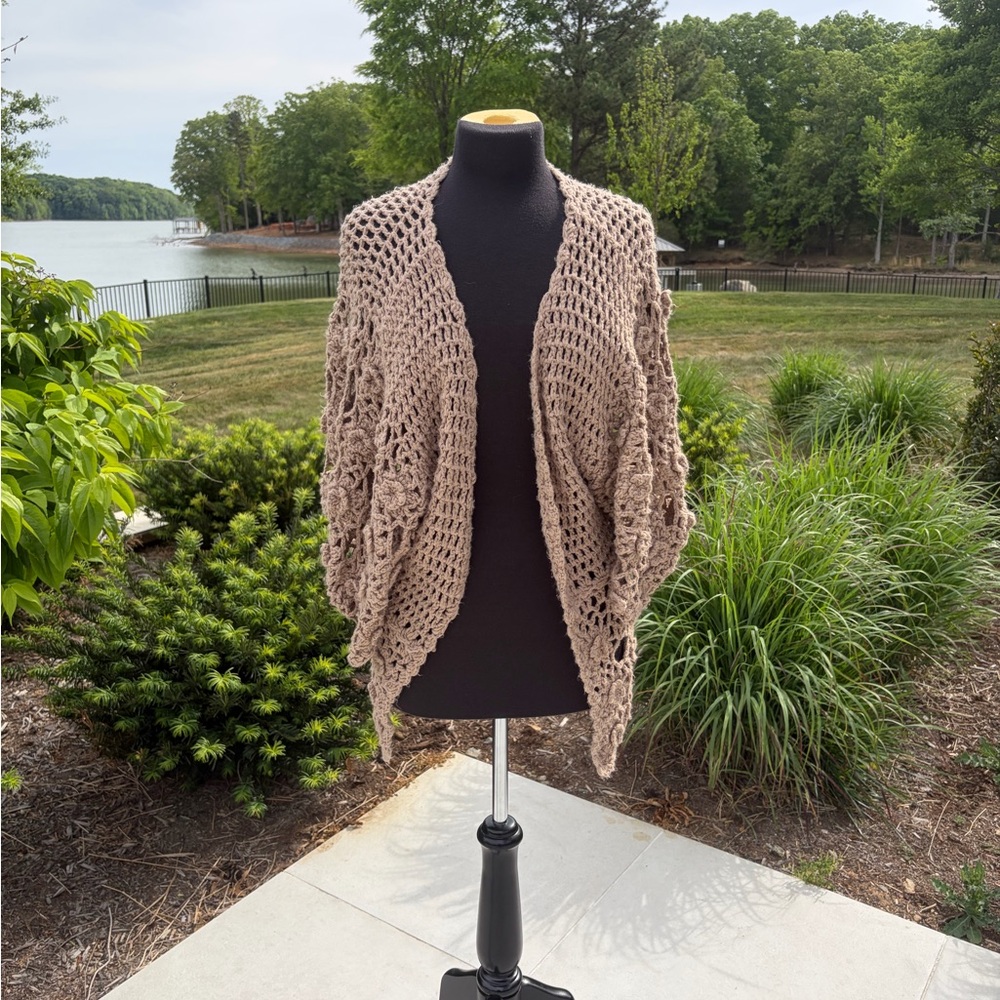 Solitaire by Ravi Khosla Fuzzy Crochet Boho Cardigan Open Knit Neutral Medium
